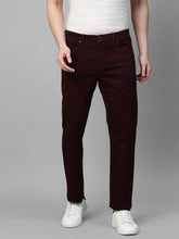 Genips Men's Wine Color Cotton Stretch Rico Slim Fit Solid 5 Pocket Trouser